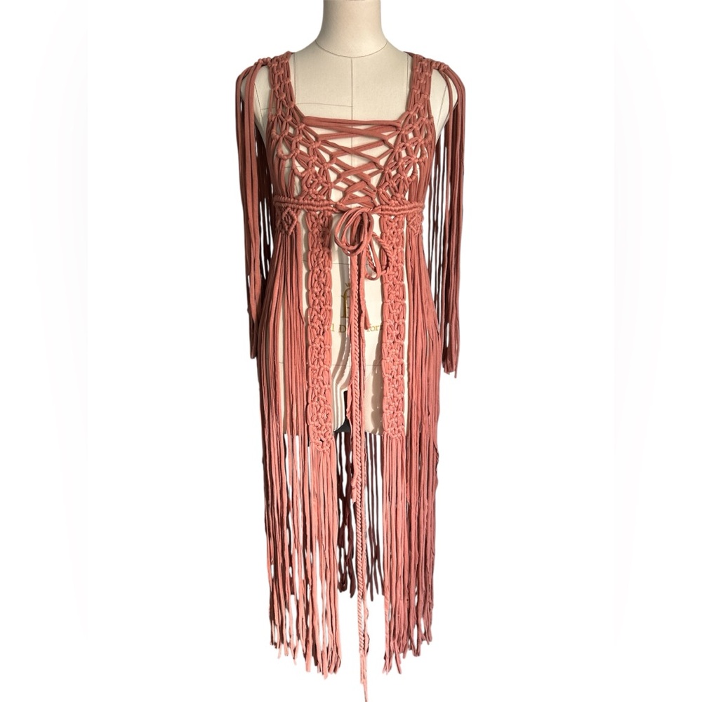 Handmade Boho macrame knotted ribbon dress terracotta small